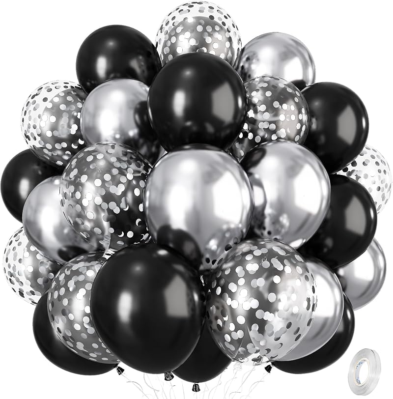 Isndare Black Silver Confetti Balloons 12in 35 Pcs Latex Helium Party Set