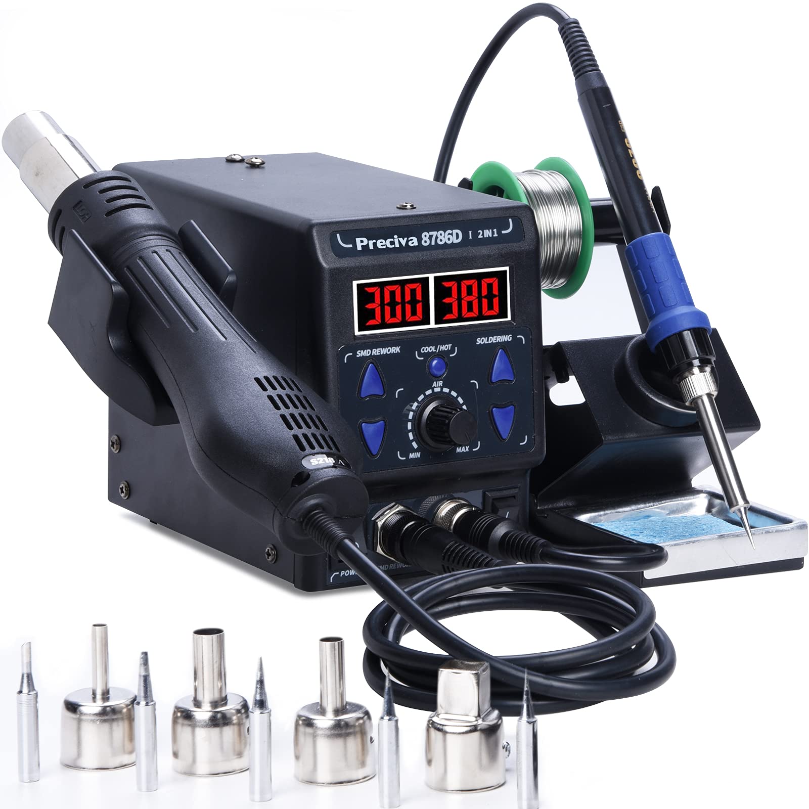 Preciva 2-in-1 Hot Air Gun Rework and Soldering Iron Station with ℉/℃, Cold/Hot Air Conversion, Solder Station with Digital Temperature Correction and Sleep Function