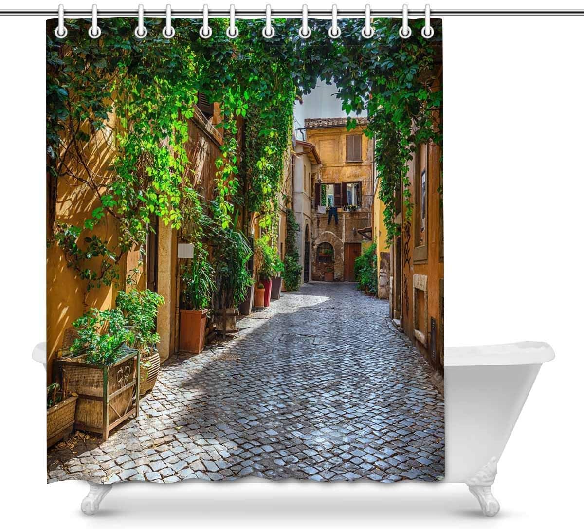 Amazon ローマのヨーロッパの街並みの古い町並みイタリアの家の装飾のバスルームのシャワーカーテンリング付きの装飾的なバスルームのシャワーカーテンセット 60 幅 X 72 高さ インチ 165x180 Cm シャワーカーテン ホーム キッチン オンライン通販