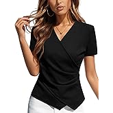 Women's V Neck Wrap Top, Short Sleeve Ribbed Knit Cross Wrap Ruched Asymmetrical Slim Fit Dressy Blouse