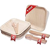 HABBIBI Bamboo Plates Disposable with cutlery (25 Forks & 25 Knives) - 8" Eco Friendly Palm leaf plates, 100% Biodegradable & Compostable Party Plates (8 Inch) better than plastic and paper plate