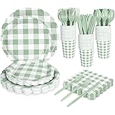 175 PCS Sage Green Gingham Plates and Napkins, Green Checkered Disposable Plates Set with Napkins Cups Plastic Spoons Forks Knives for Dinner Birthday Baby Shower Wedding Supplies Serve 25 Guests