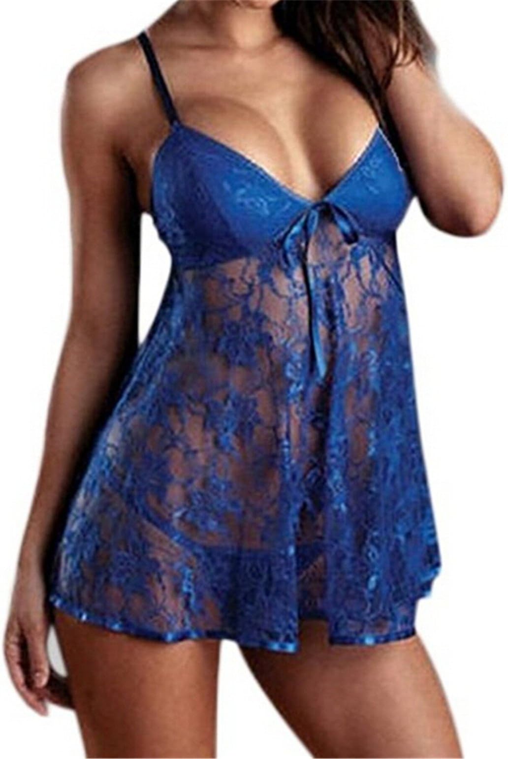 Kranchungel Women's Tempting Babydoll Lingerie Lace Strappy Mini Dress with G-String X-Large Blue