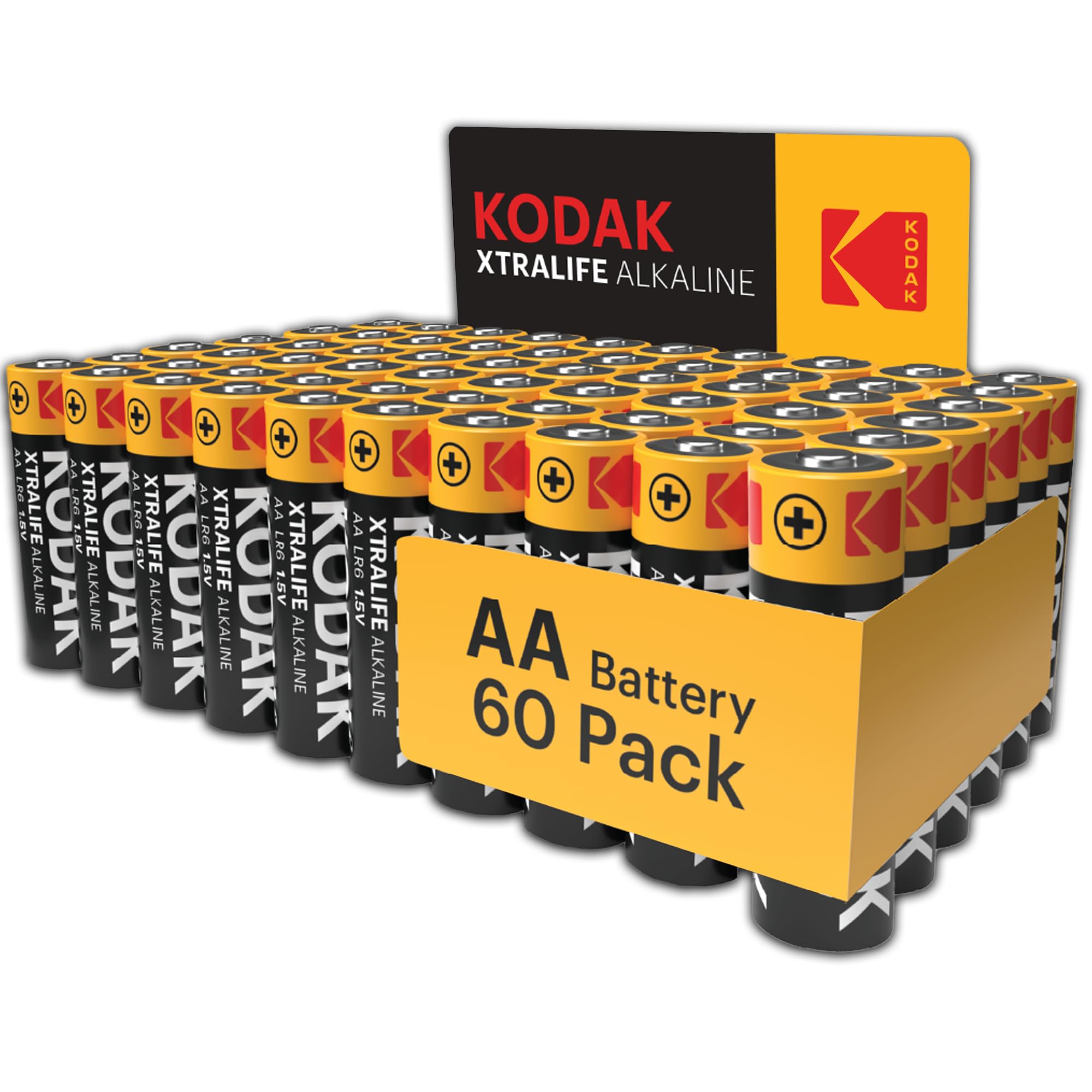 Kodak Xtralife 60-Pack AA Batteries, Double A Alkaline Battery Pack, 1.5V, 10-Year Shelf Life, LR6, Ideal for High-Drain Devices, 12x More Power, Plastic Free Cardboard Outer Carton