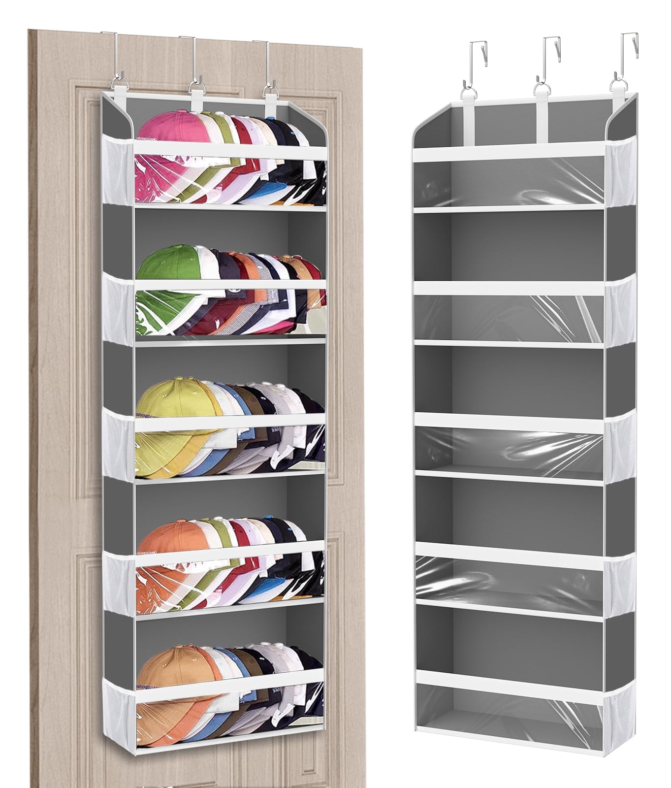 KYEVIS Holds 60 Caps Over the Door Hat Storage, 5-Tier Baseball Cap Organizer with 10 Mesh Side Pockets, Hats Racks for Wall with Clear Window, 1 Pack Grey