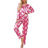 Ekouaer Womens Satin Pajama Set Classic Pattern Silky Pj Sets Button Down Sleepwear Loungewear