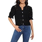 ELFTOWN Women's Summer Puff Short Sleeve Button Up Lace Top V Neck Dressy Casual Eyelet Blouse Shirt