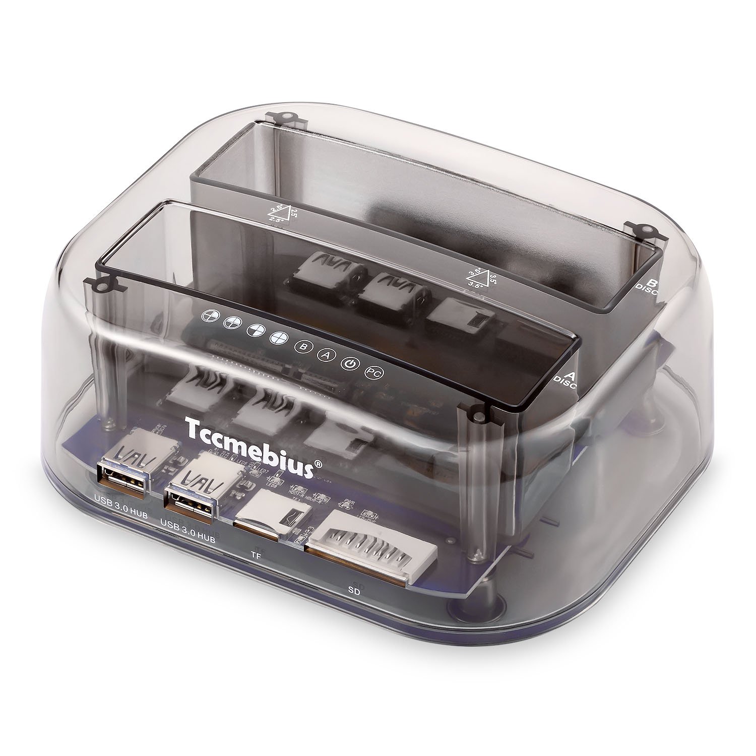 Tccmebius Hard Drive Docking Station, TCC-S866-UK USB 3.0 to SATA Dual Bay External HDD Reader with USB 3.0 Hub and Reader Card for 2.5 3.5 Inch SATA HDD SSD, Support Offline Clone/UASP [8TB×2]