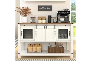 4ever2buy Farmhouse Coffee Bar Cabinet with Storage, 47'' Coffee Bar Table with Sliding Barn Door, White Coffee Buffet Cabinet with Metal Mesh Doors, Console Table with Bottom Open Shelf, Living Room