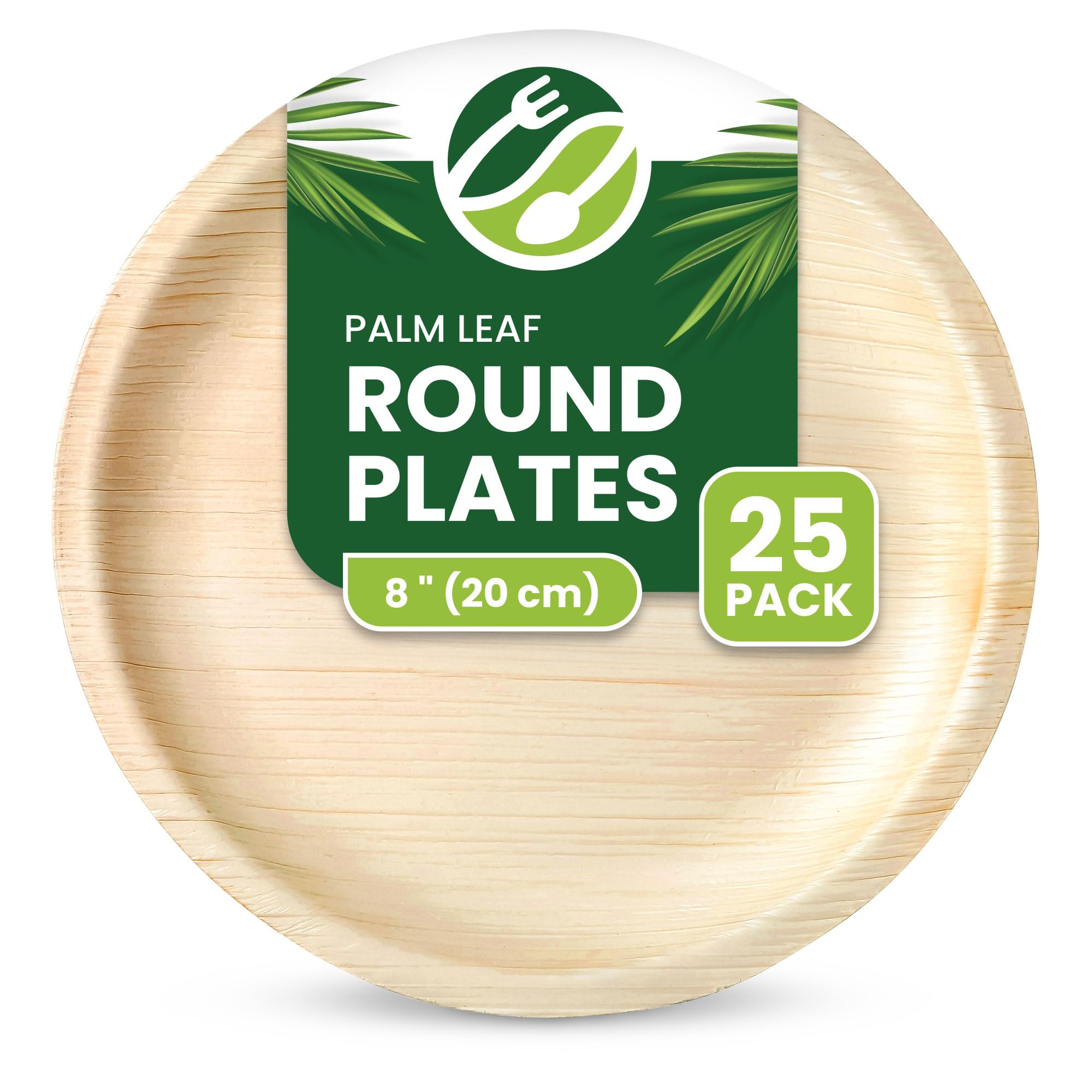 ECO Leaf 25 Disposable Palm Leaf Plates | 8”(20cm) Round Compostable Dinner Plates | Eco-Friendly, Biodegradable Heavy-Duty Plate for Wedding, Party & Picnic |Microwave & Oven Safe