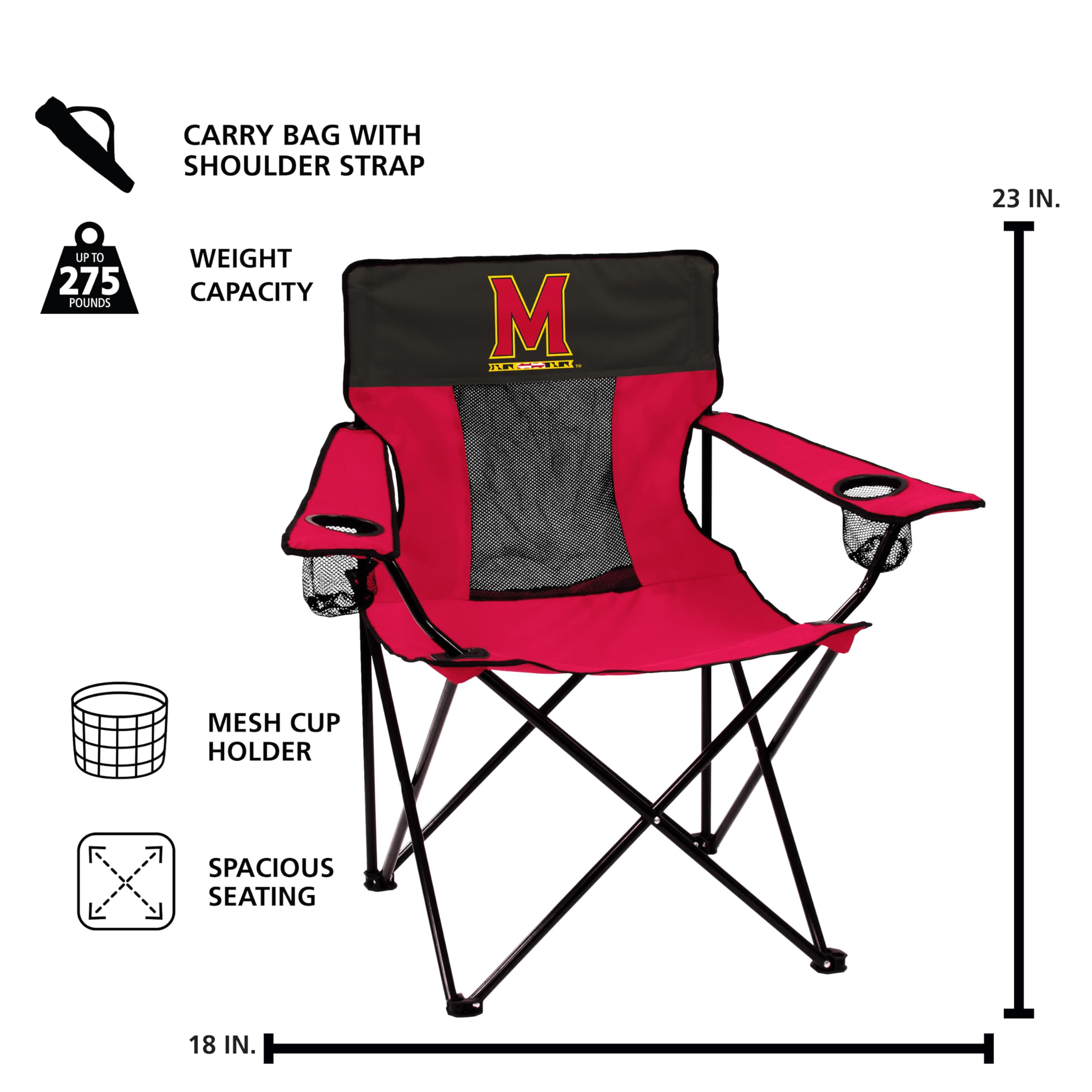 Logo Brands NCAA Maryland Terrapins Elite Portable Chair - Premium Outdoor Chair with Cup Holder, Powder-Coated Steel Frame, Lightweight and Portable for Tailgating,and Sporting Events