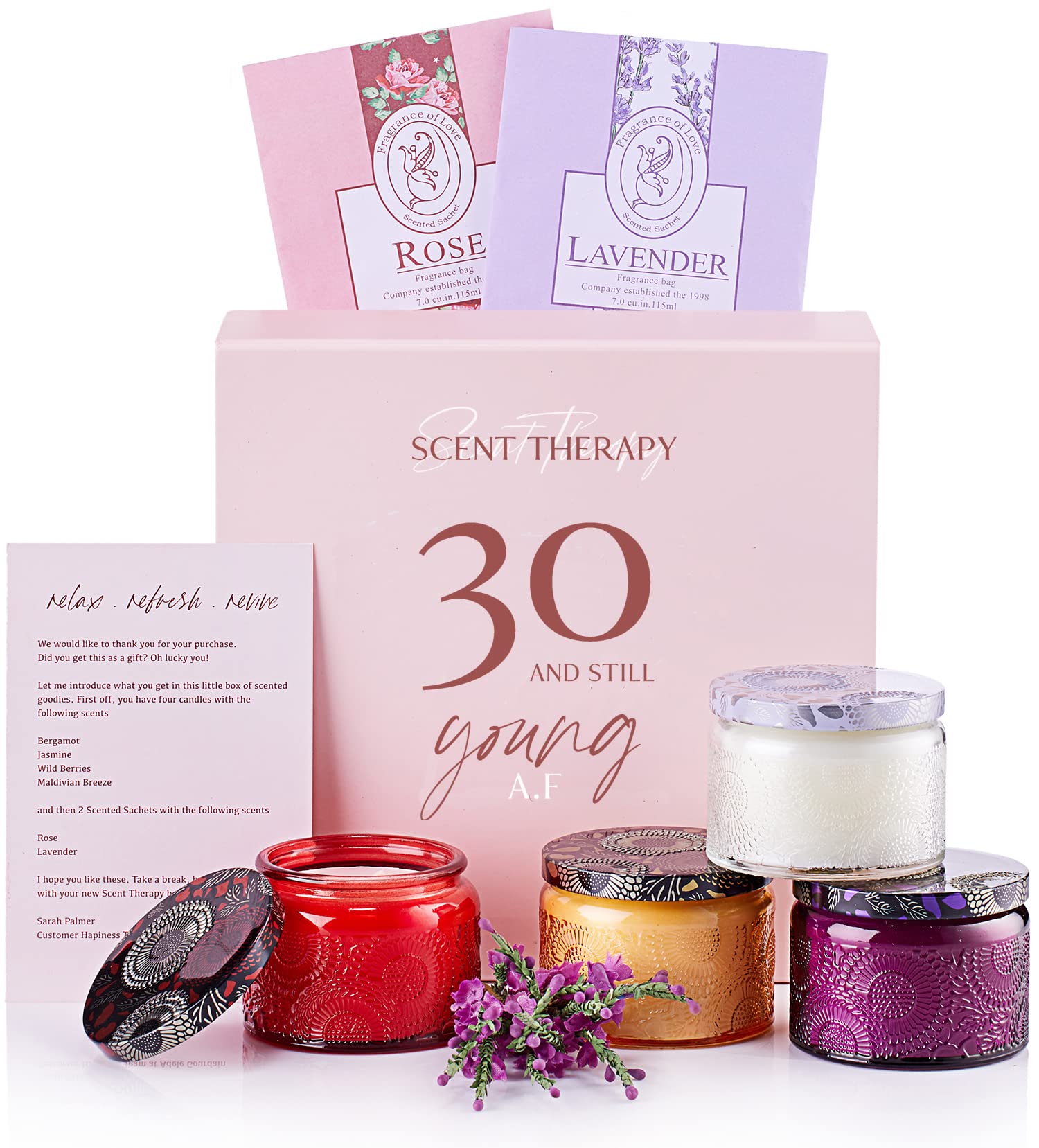 ADELEGOURDAIN 30th Birthday Gifts for Women - Scented Candle Gift Set - 30 and Still Young - 4 Soy Wax Tins & Sachets - Funny Presents for Her, Daughter, Sister, Best Friend - 30th Anniversary