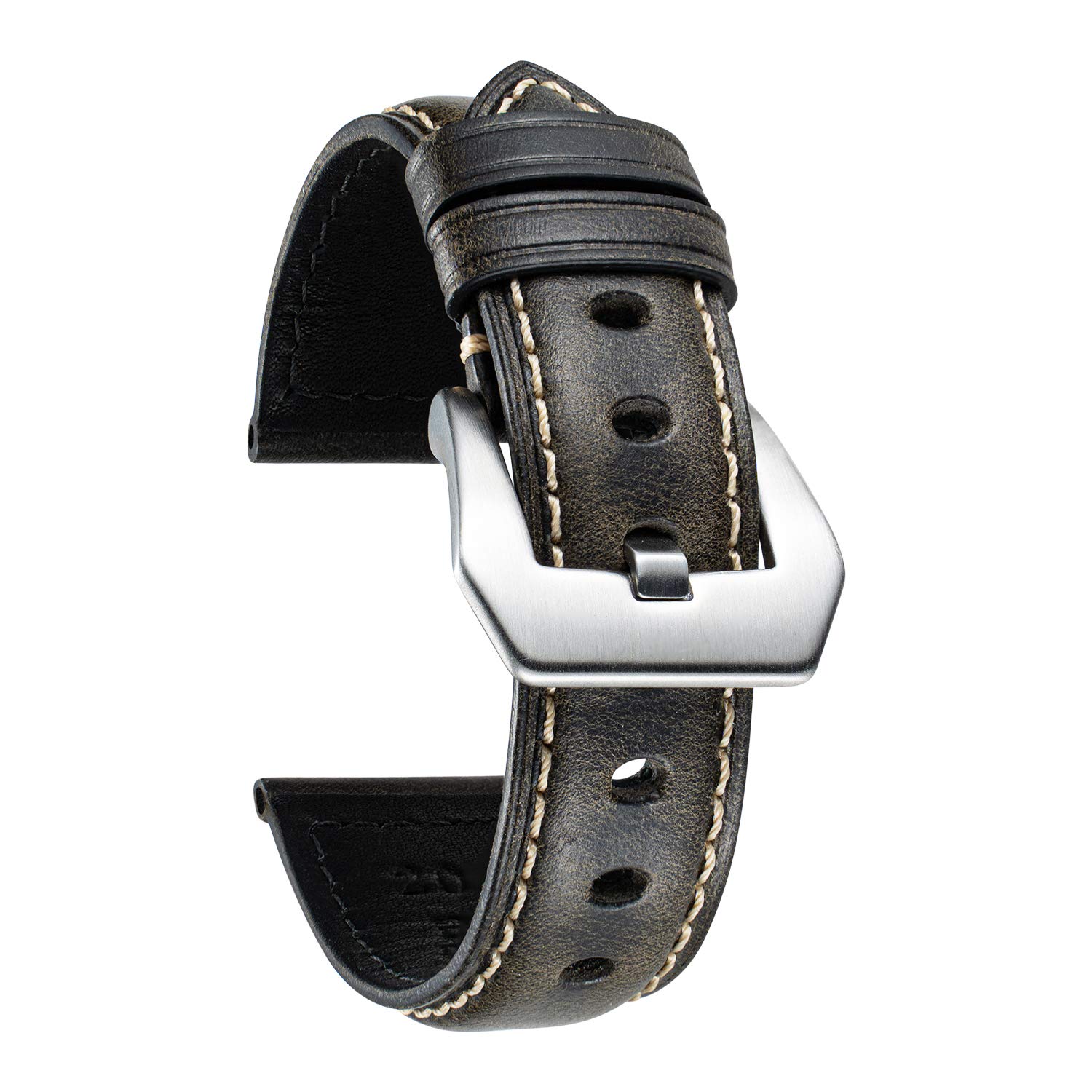 BINLUN Retro Leather Watch Strap for Men 18mm 20mm 22mm 24mm 26mm Handmade Oil Waxed Leather Strap Replacement Vintage Watch Band Stainless Steel Buckle（Black/Silver Buckle,18mm