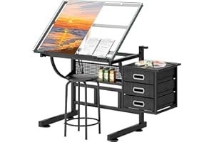 sogesfurniture Adjustable Glass Drafting Table Drawing Desk with Stool, Angle Adjustable Drawing Table Drawing Desk Tiltable 
