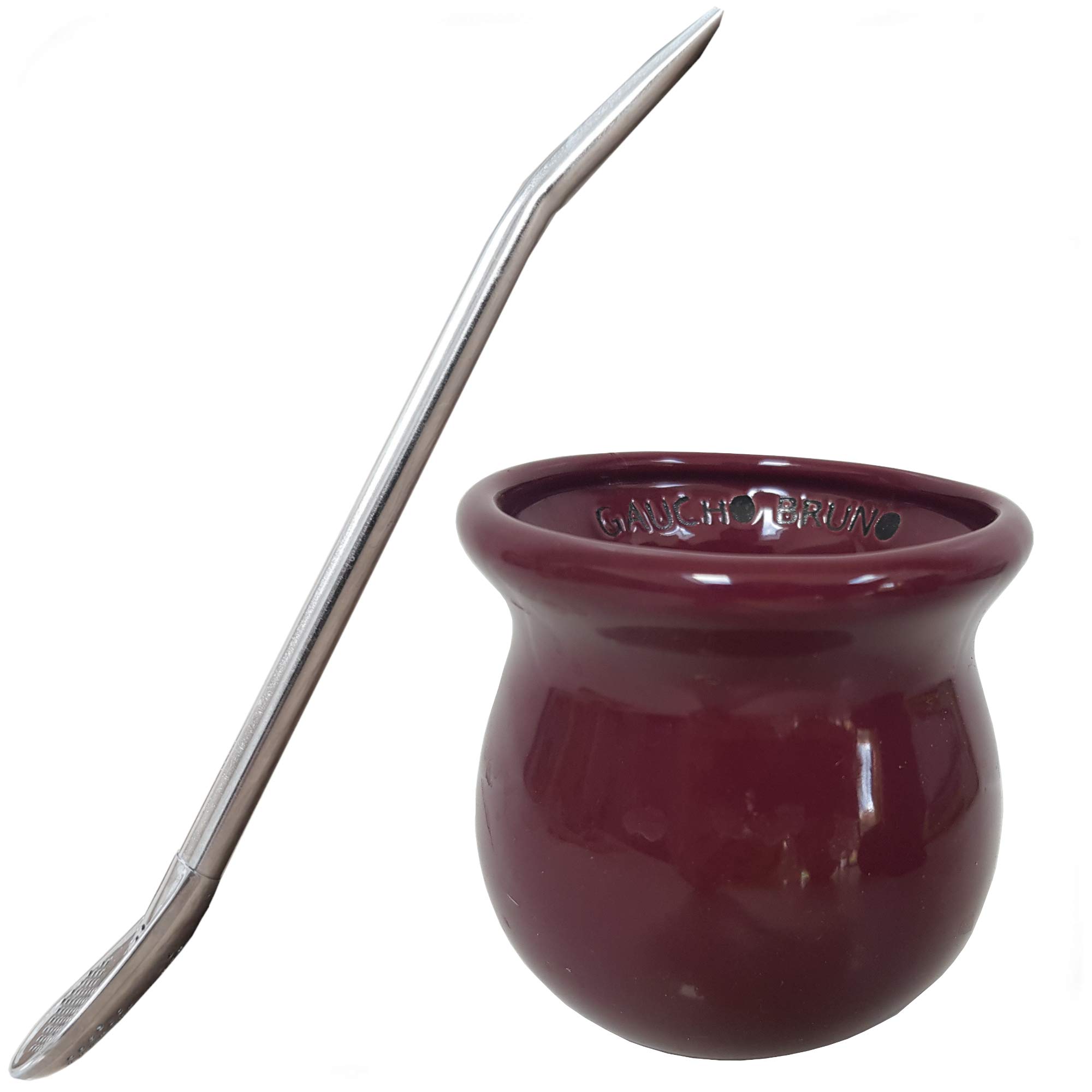 Gaucho Bruno Yerba Mate Cup, Straw Set- Ceramic Gourd Traditional Shaped Mug, Stainless Steel Bombilla Drinking Straw - Reusable Home and Travel Drinks Kit