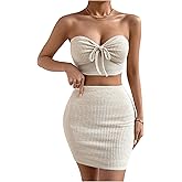 SHENHE Women's 2 Piece Waffle Knit Tie Crop Tube Top And Bodycon Skirt Sexy Outfits Set
