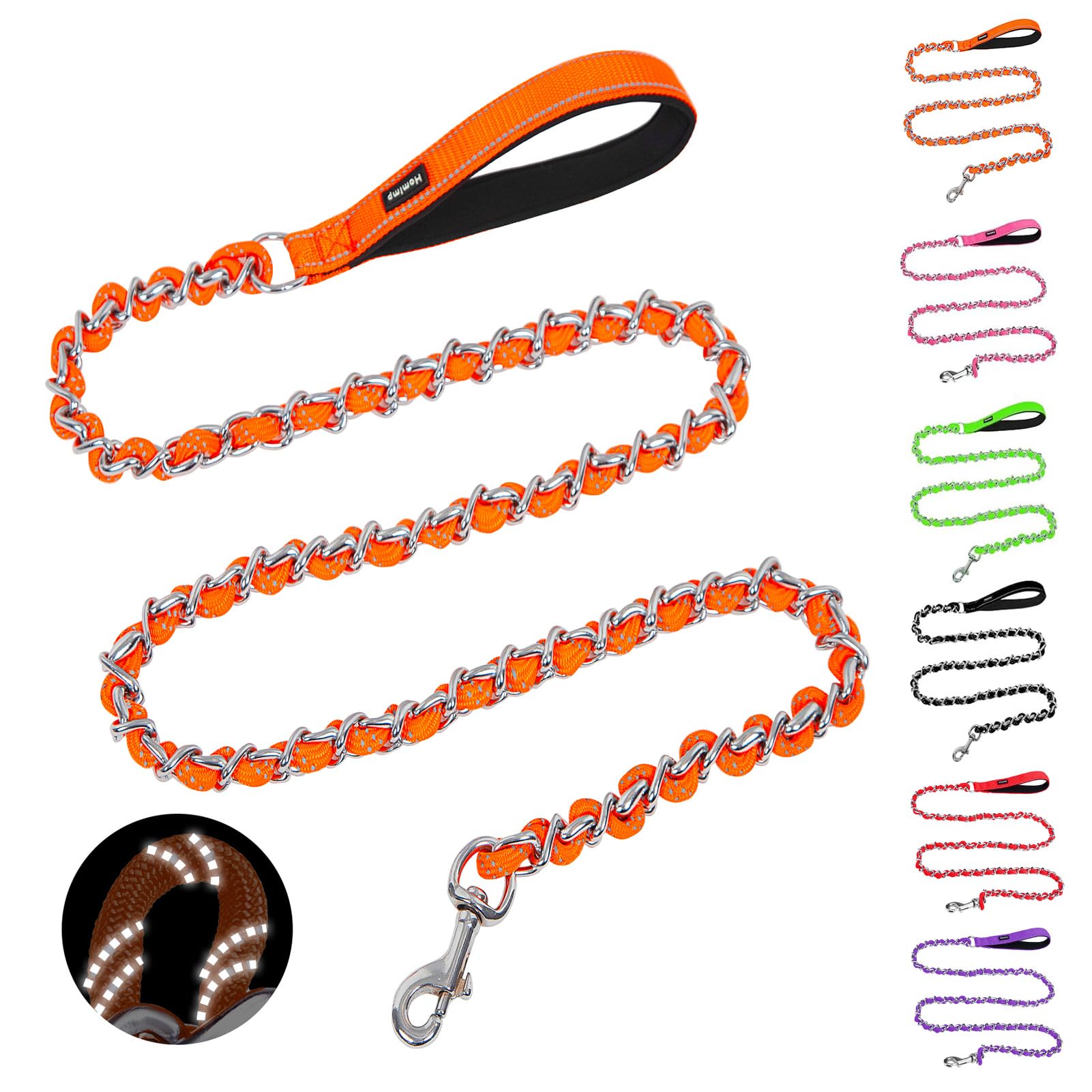Homimp Chain Dog Leash for Medium Large Dogs, Reflective 6 FT Chew Proof Heavy Duty Metal Leashes with Soft Padded Handle, Anti Bite Durable Rope Pet Leashes for Pitbull, Non Chewable Leash Orange — image 1