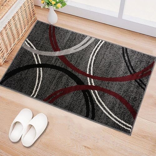 Rugshop Modern Wavy Circles Design Non-Shedding Accent Rug, Carpet for Entryway or Bathroom, Red, 2' x 3'