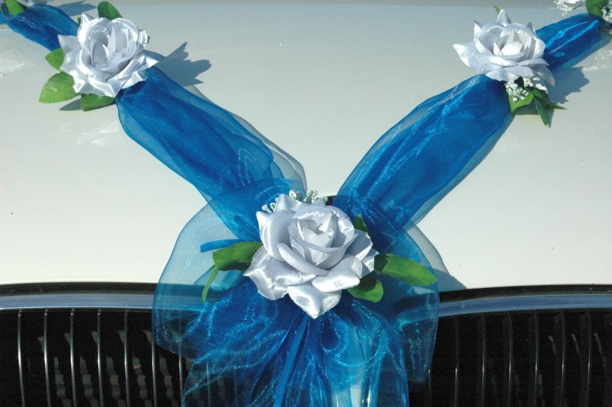 Autoschmuck Organza M Auto Schmuck Braut Paar Rose Deko Dekoration Hochzeit Car Auto Wedding Deko Girlande PKW (Silber/Blau) — image 1