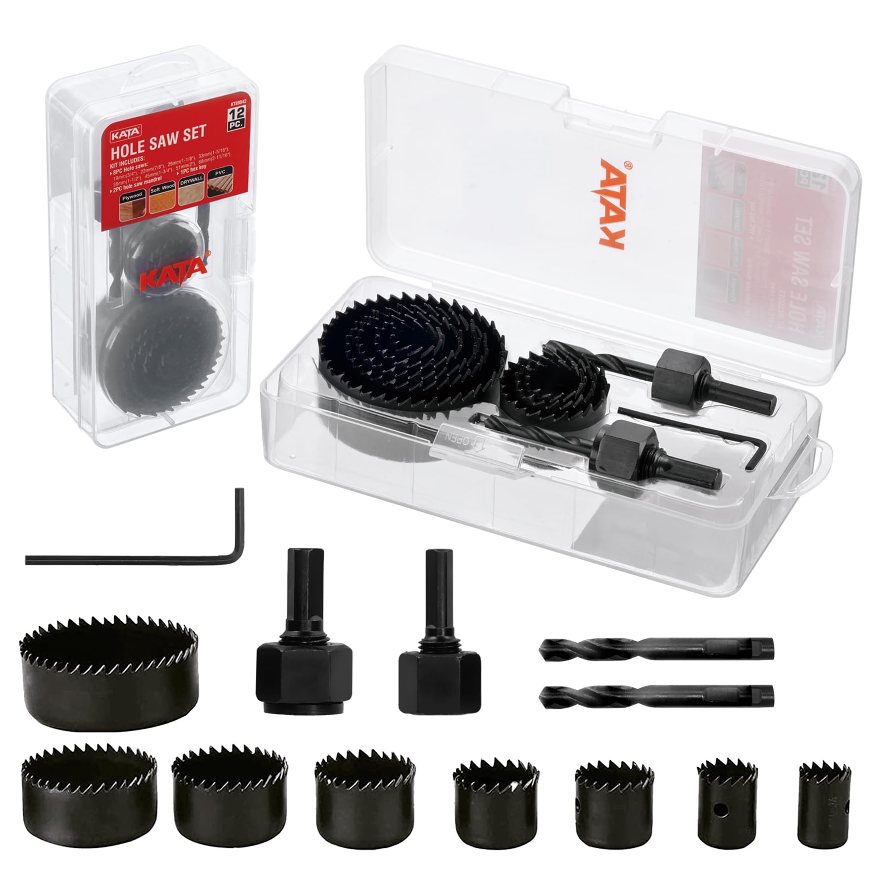 KATA 12PCS Hole Saw Kit 3/4"-2-11/16" (19-68mm) Hole Saw Set with Mandrels,Hex Key,Ideal for Soft Wood,PVC Board,Plywood,Drywall Drilling — image 1