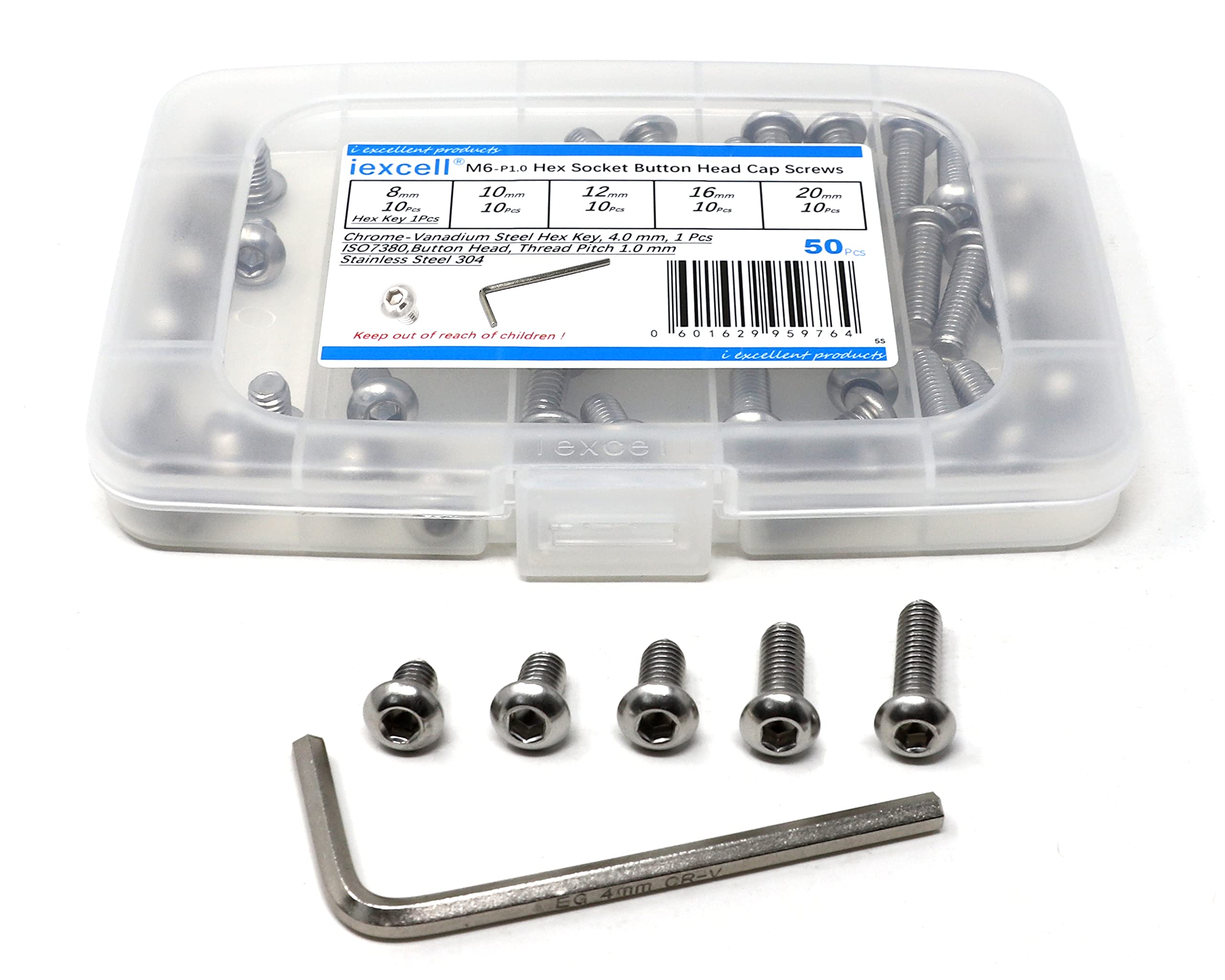 iexcell 50 Pcs M6 x 8/10/12/16/20 Stainless Steel 304 Hex Socket Button Head Cap Screws Bolts Assortment Kit, Thread Pitch 1.0 mm