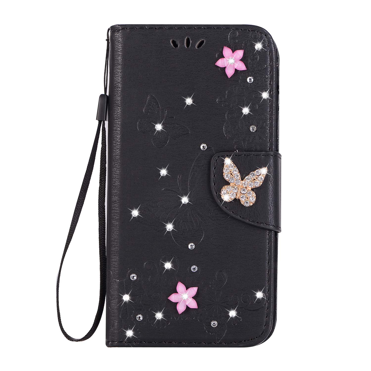 Mo-Somnus For iPhone XR Case [Free Tempered Glass Screen Protector], Bling Sparkly Diamonds Gems Butterfly Design PU Leather Flip Wallet Case Cover For iPhone XR (2018) - 6.1" (Black)