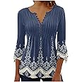 SMIDOW 3/4 Sleeve t-Shirt Shirts For Women Casual Summer Trendy Graphic Tees Floral Print v Neck Empire Waist Tunic Tops