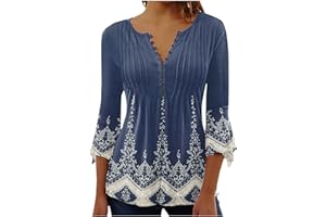 HINVHAI 3/4 Length Sleeve Womens Tops Fashion V-Neck Button Elbow Sleeve T-Shirt Vintage Printed Tunic Tops Spring Tops 2024