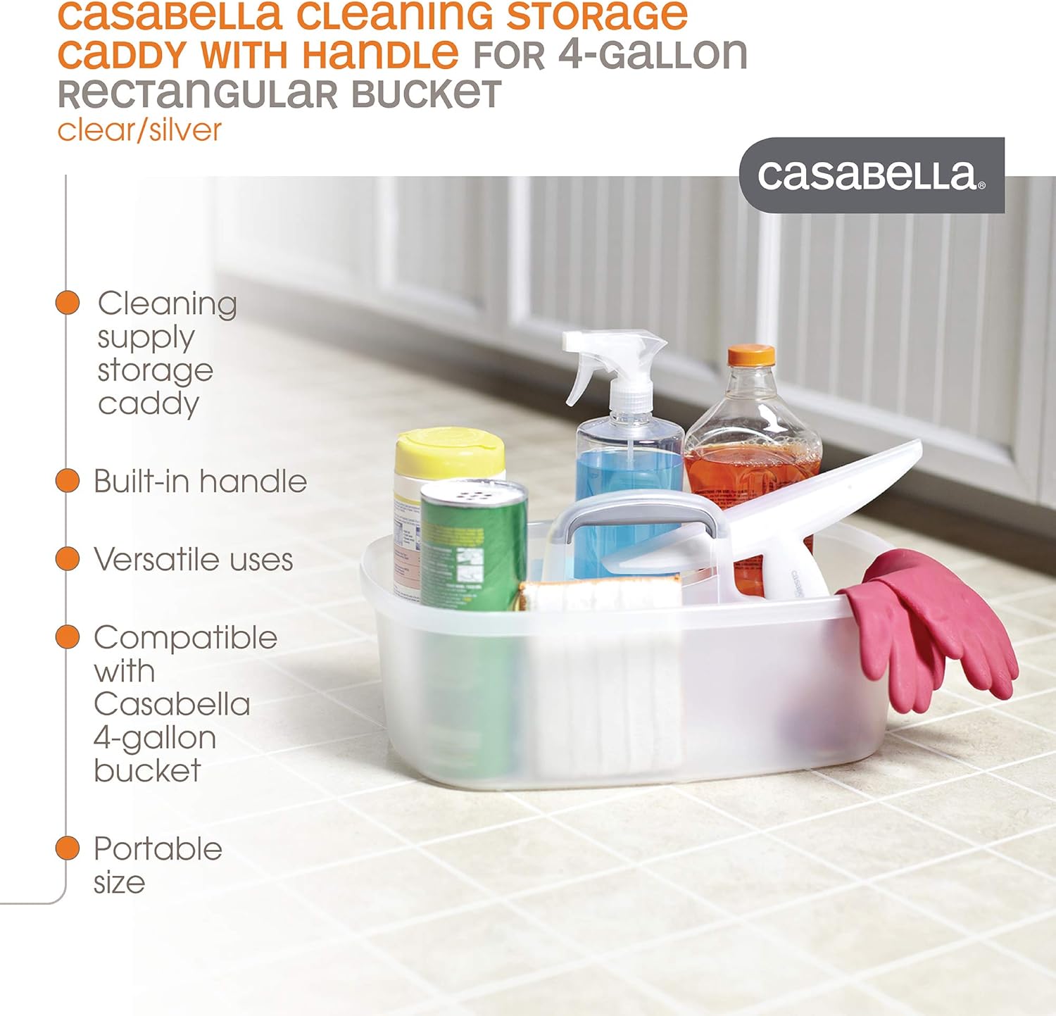 Casabella Cleaning Handle Bucket, Clear/Silver Rectangular Storage Caddy, Graphite, 4 gallons, Translucent: Home & Kitchen