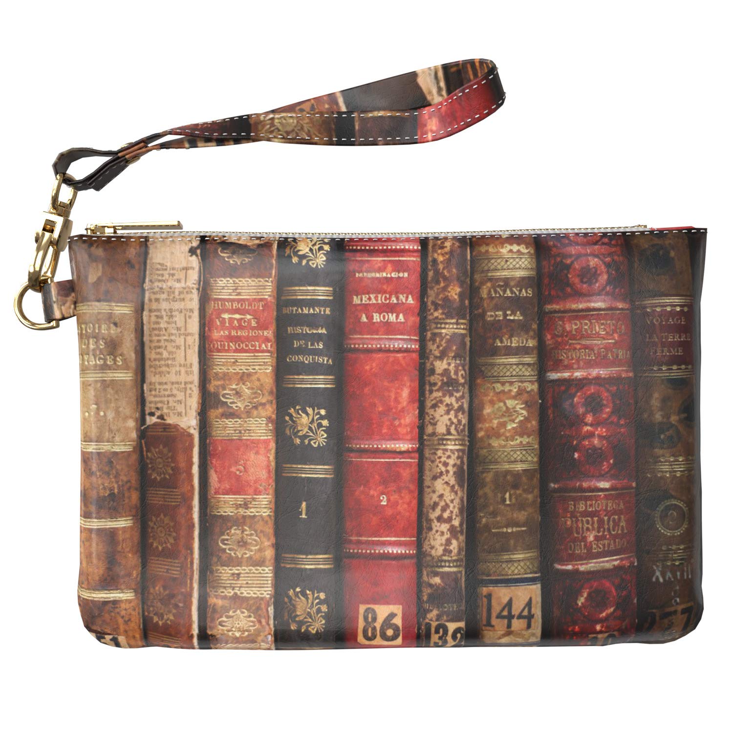 Lex Altern Makeup Bag 9.5 x 6 inch Antique Library Books Classic Decor Old Style Organizer Bathroom Storage Wristband Girl Design Print Purse Pouch Cosmetic Travel Leather Case Toiletry Women Zipper