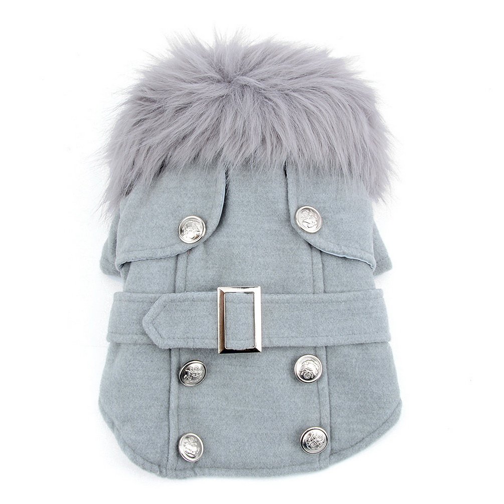 Pet Cat Dog Clothes European Woolen Faux Fur Collar Coat Small Dog Cat Pet Clothes Costume Light Grey XL
