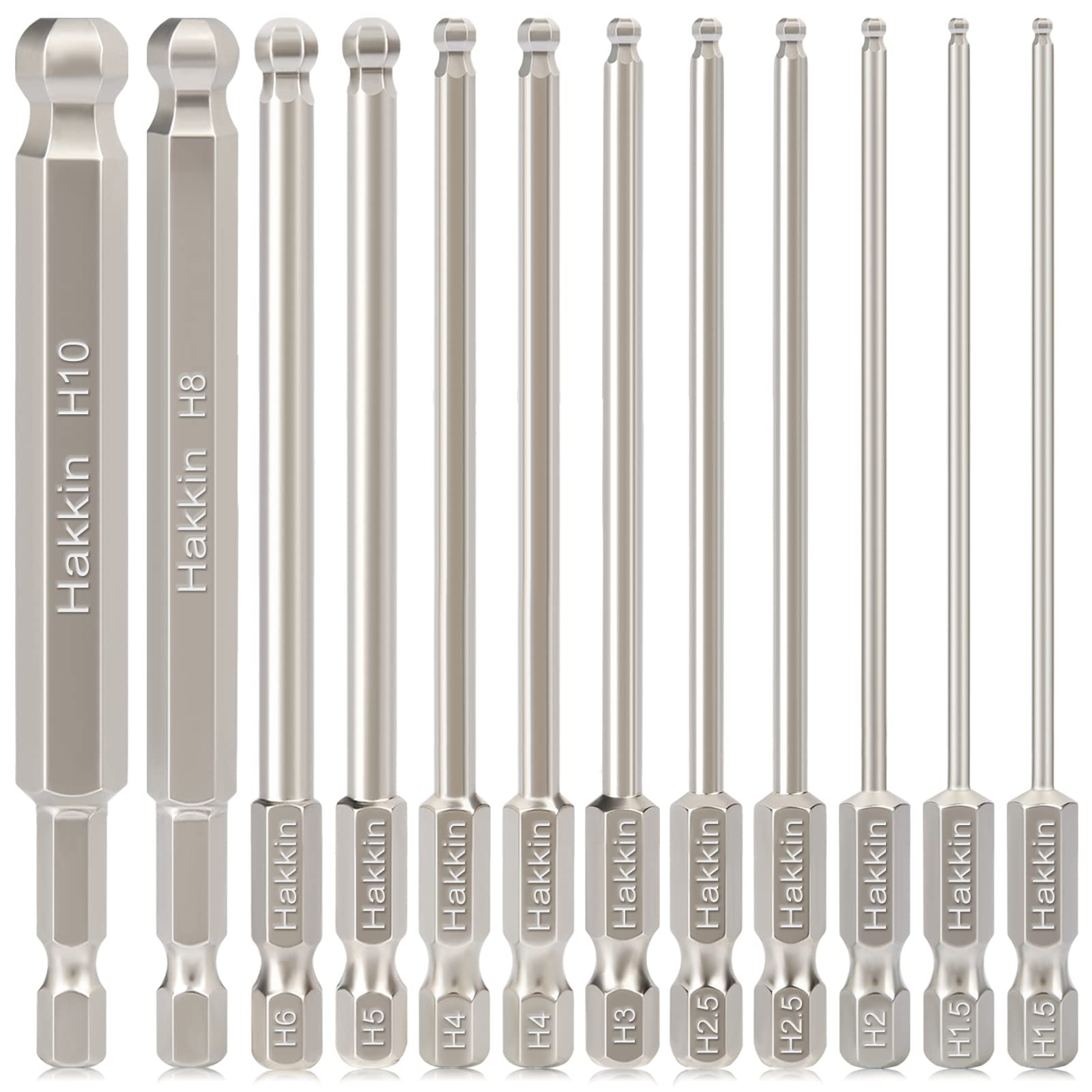 Hakkin 12Pcs Ball End Allen Key Bit Set 100mm Metric Ball End Hex Bits 1/4” Hex Shank S2 Steel Magnetic Allen Wrench Drill bit Set H1.5-H10 hex Key for Furniture Assembly