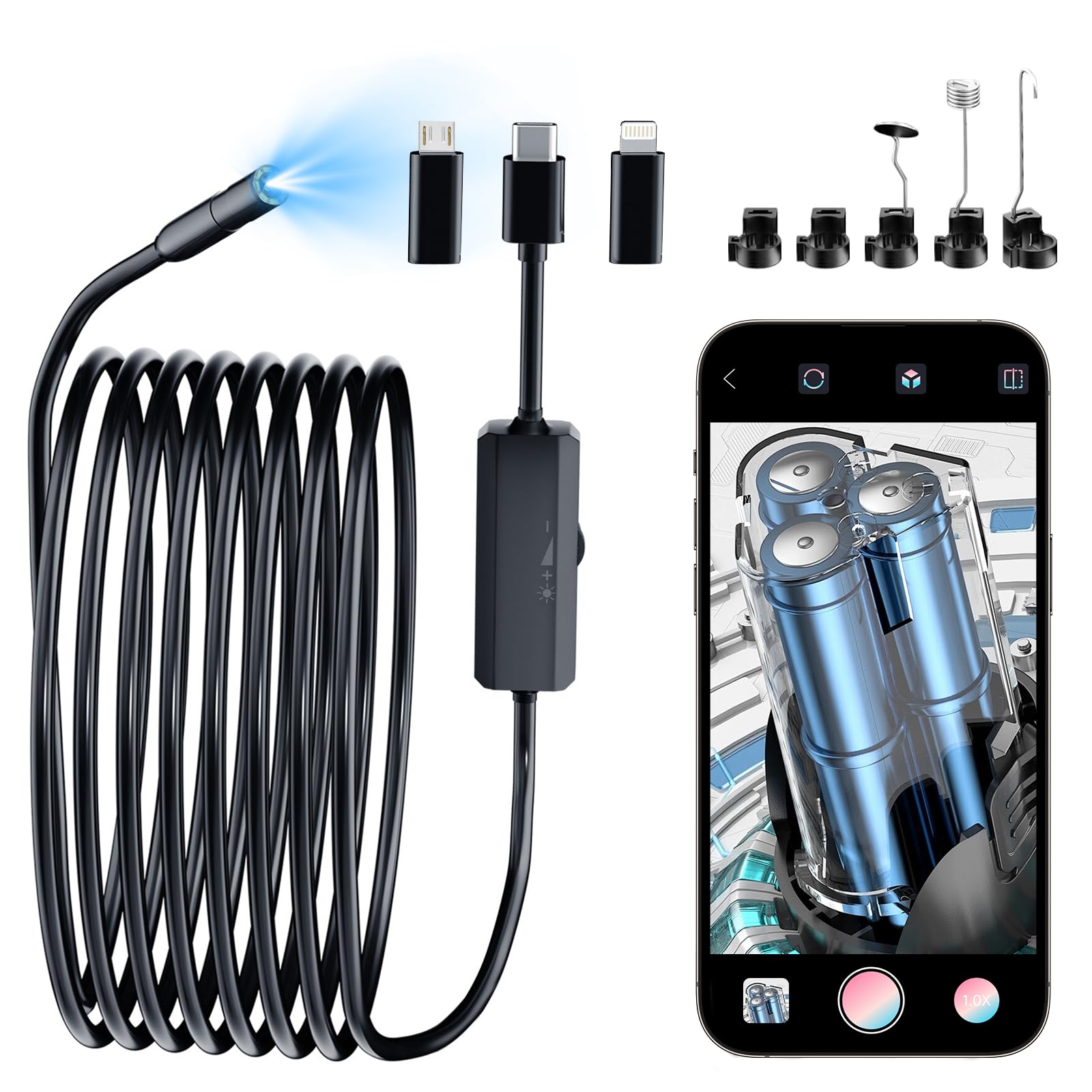 Photo 1 of WOVTE Endoscope With Light, 16.5ft Snake Camera, IP67 Waterproof Borescope, 1920P Inspection With 8 Adjustable LED Lights for Android/iPhone-No WiFi Required, Black, AN112