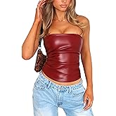 OZICERD Faux Leather Tube Top Strapless Going Out Tops for Women Sexy Club Tops Rave Concert Outfit Ruched Bandeau Crop Top
