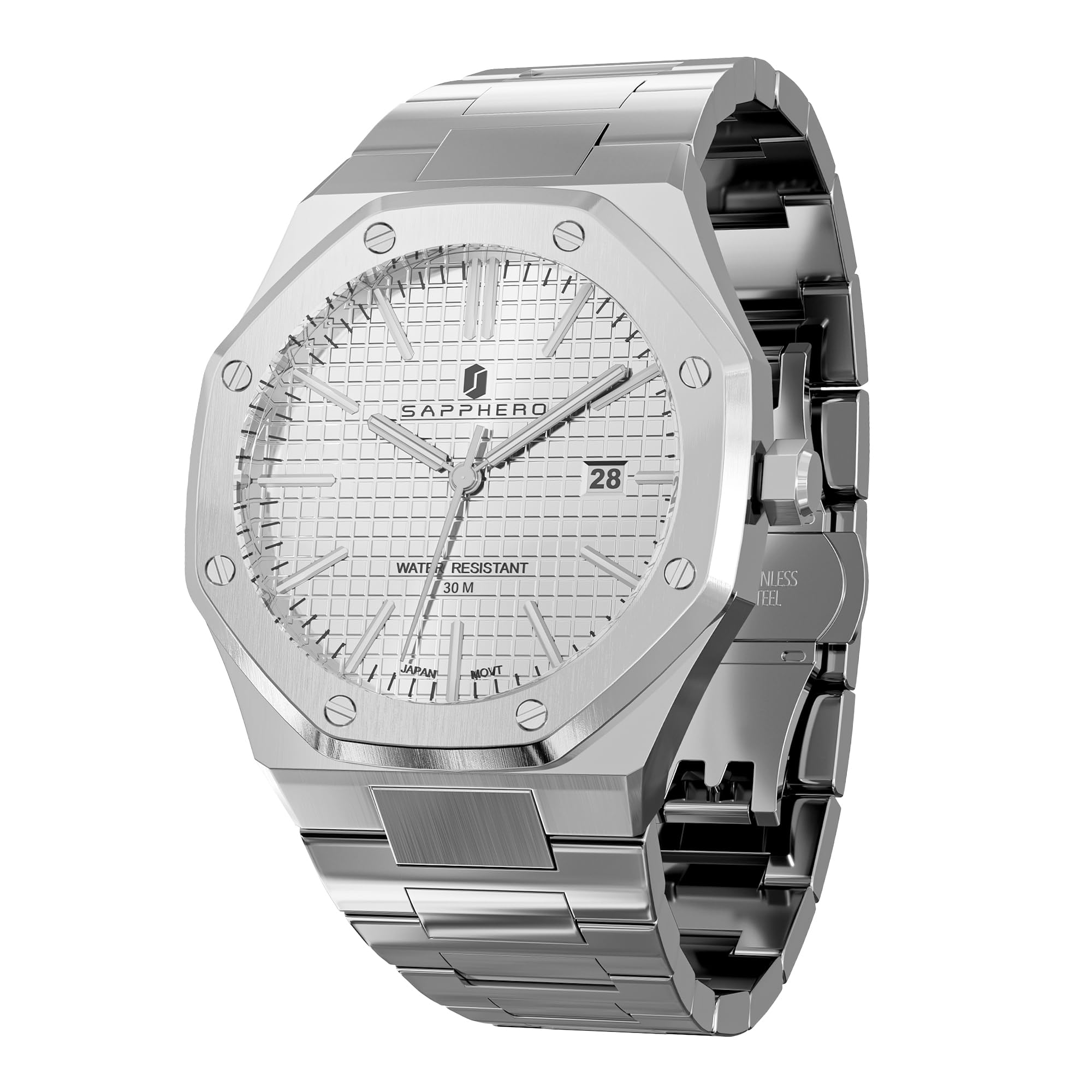 SAPPHERO Men's Watch Octagon Stainless Steel Waterproof Luminous Wrist Watch Luxury Analog Quartz Watch Date Business Casual Luxury Gift for Men, silver white, Bracelet Type
