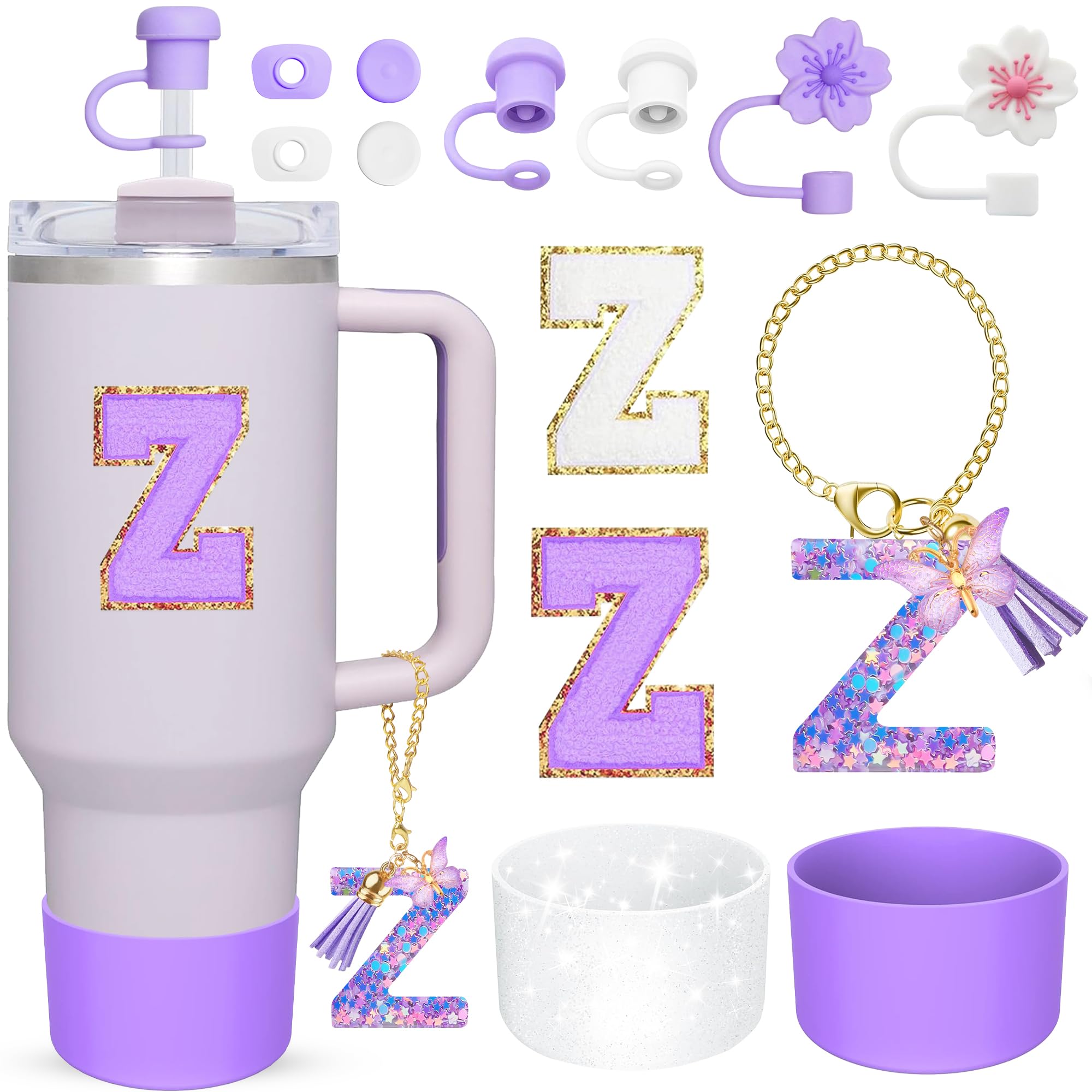 13 Pcs Letter Cup Accessories Set Straw Cover Silicone Boots Compatible with Tumbler 30 oz 40 oz Personalized Initial Name ID A-Z Letter Charm Letter Stickers for Women Girls