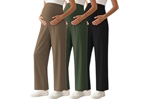 Ecavus 3-Pack Women's Maternity Pants Over Belly Soft Lounge Palazzo Pants Stretch Wide Leg Pregnancy Trousers with Pockets