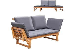 Greesum Patio Convertible Couch Sofa Bed with Adjustable Armrest, Acacia Wood Outdoor Daybed with Cushion & Pillow, Folding Chaise Lounge Bench for Porch Courtyard Poolside，Gray