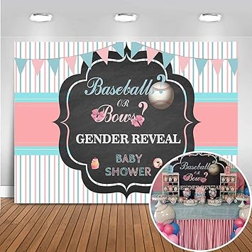 Amazon Com Mehofoto Gender Reveal Baby Shower Backdrop Baseball Or Bows Baby Shower Background Baby 7x5ft Vinyl Gender Reveal Party Banner Supplies Decoration Camera Photo