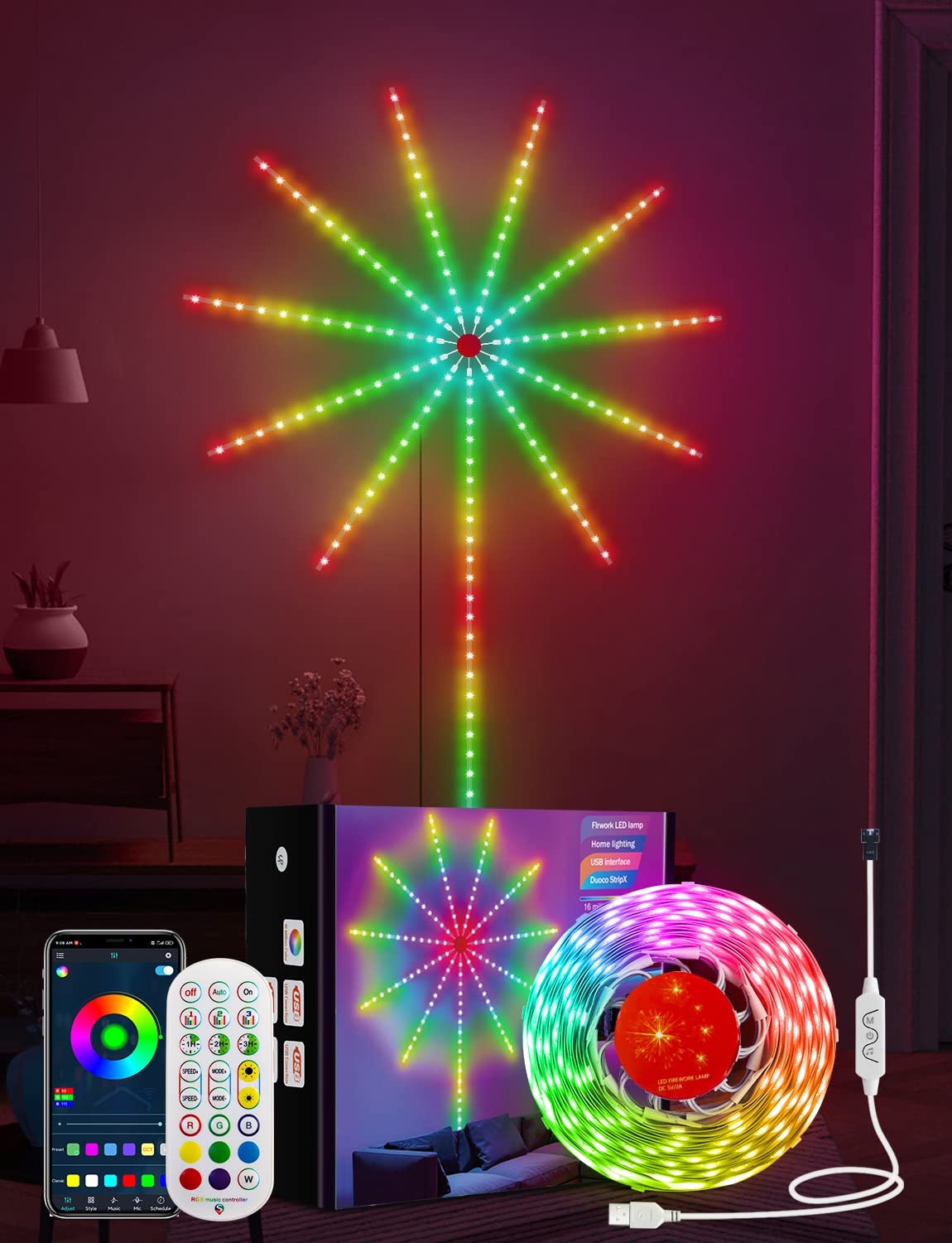 Daymeet Smart Firework LED Lights, RGBIC Dream Color LED Lights for Bedroom Strip Lights with Remote App Control, Color Changing Music Sound Sync Light for Bedroom,Christmas, Indoor Party