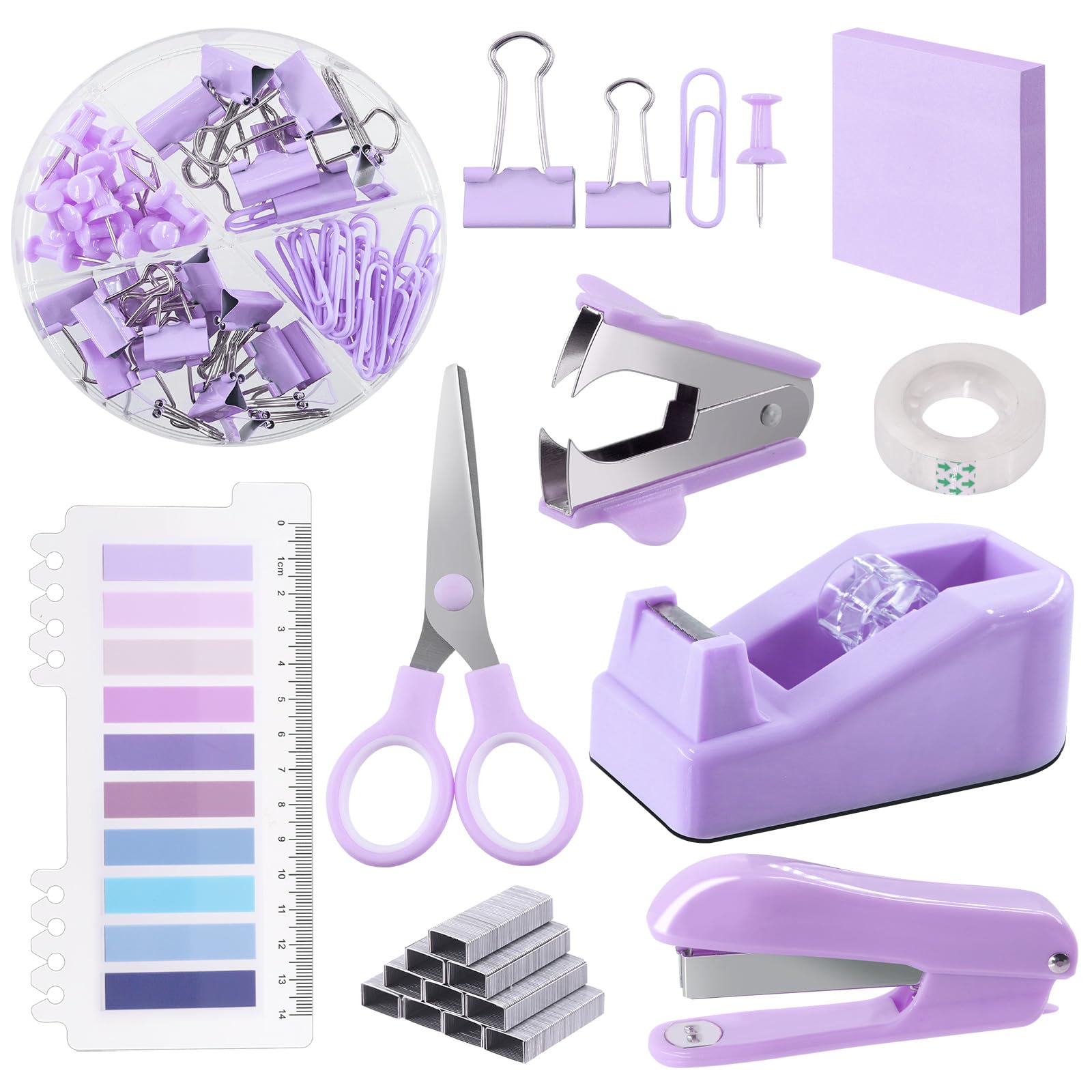 Swpeet 9Pcs Purple Office Supplies Kit, Desk Accessories Including Stapler, Tape Dispenser, Staple Remover, Tabs, Scissors, Staples, Tape, Clips and Sticky Note Ideal for Office and School
