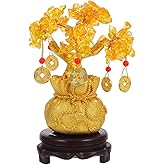Feng Shui Citrine Money Tree Decorative Crystal Bonsai for Home and Office, Lucky Wealth Tree with Base Gold Coin and Amulet, Small Desktop Fortune Ornament Requires Self-Assembly 19CM