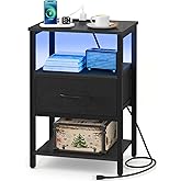 Yoobure Side Table with Storage, LED Night Stand with Charging Station, End Tables Living Room, Nightstand for Bedroom with Adjustable Fabric Drawer, 3-Tier Wood Bedside Table, Black