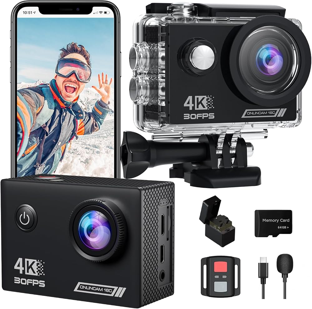 Yolansin 4K 30FPS Action Camera w/ 64GB SD Card, 20MP Underwater Sport Cam, 40M