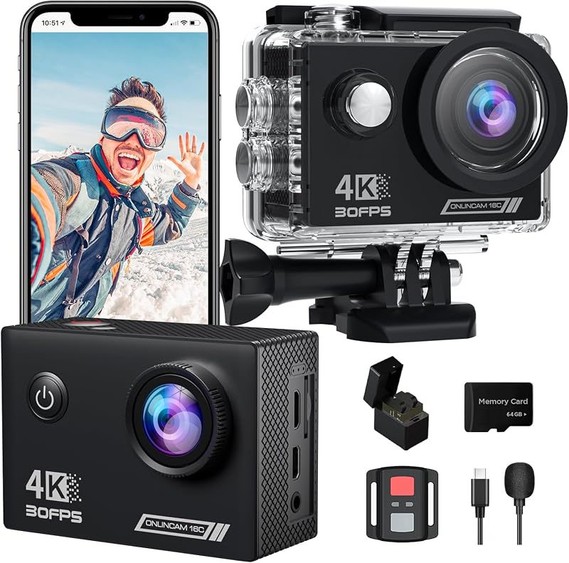Yolansin 4K 30FPS Action Camera w/ 64GB SD Card, 20MP Underwater Sport Cam, 40M