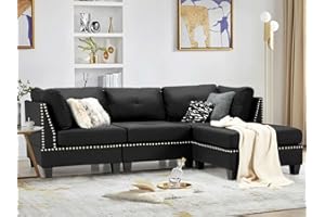 Esright 88.6” Convertible Sectional Sofa Couch with Ottoman, Modern Tufted Linen Fabric L-Shaped Couch with Reversible Chaise, Suitable for Office,Living Room and Hotel Lobby, Black