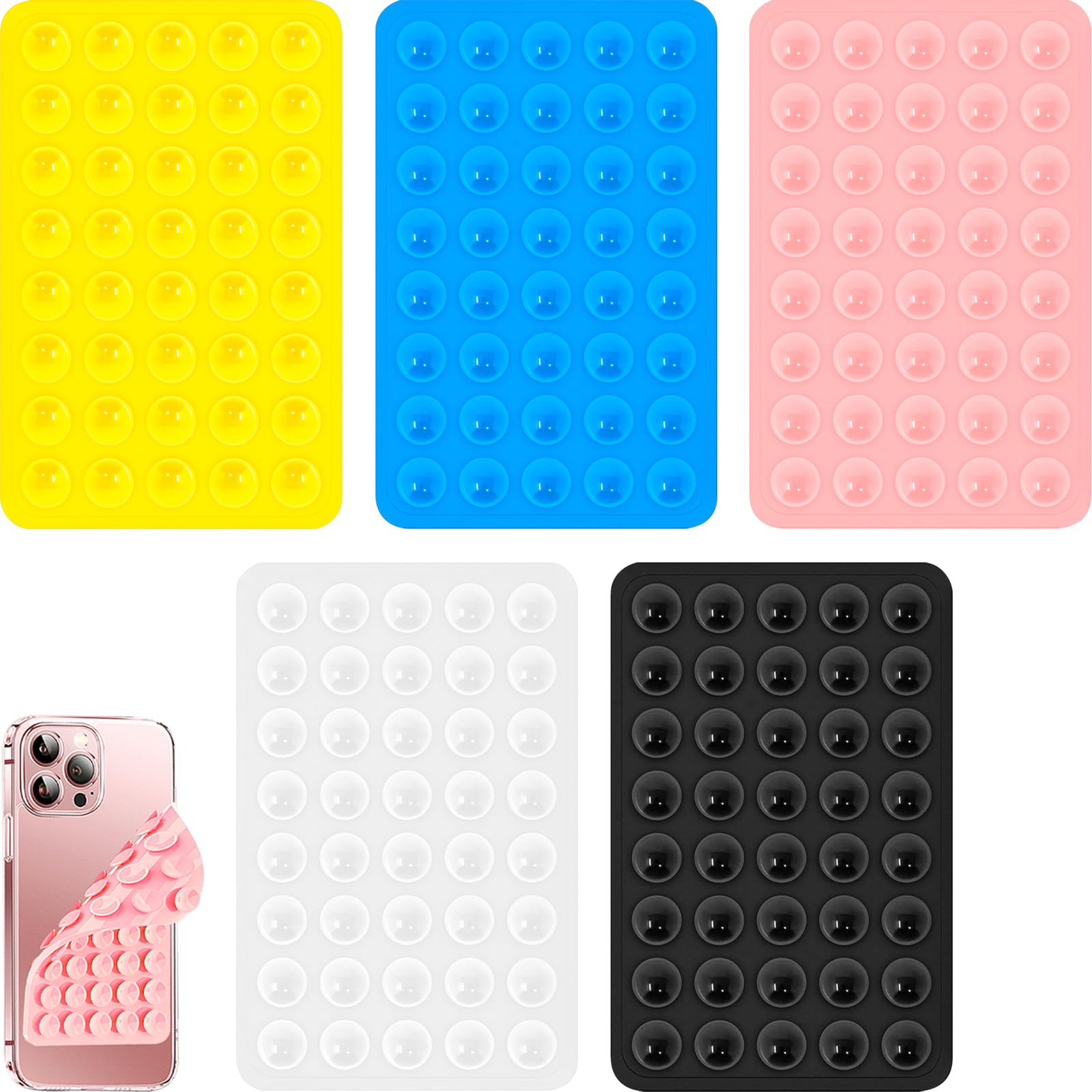 Aswewamt 40 Grain Double Sided Suction Cup Phone Holder, 5 Pcs Silicone Anti-Slip Suction Cup Mobile Phone Holder Mat, Black, White, Pink, Blue, Yellow