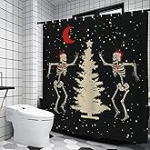 QIONG MENG Christmas Shower Curtain Funny Skeleton Xmas Tree Red Moon Shower Curtains Sets with Hooks Seasonal Winter Xmas Indoor Bathroom Decorations 71x71 Inch