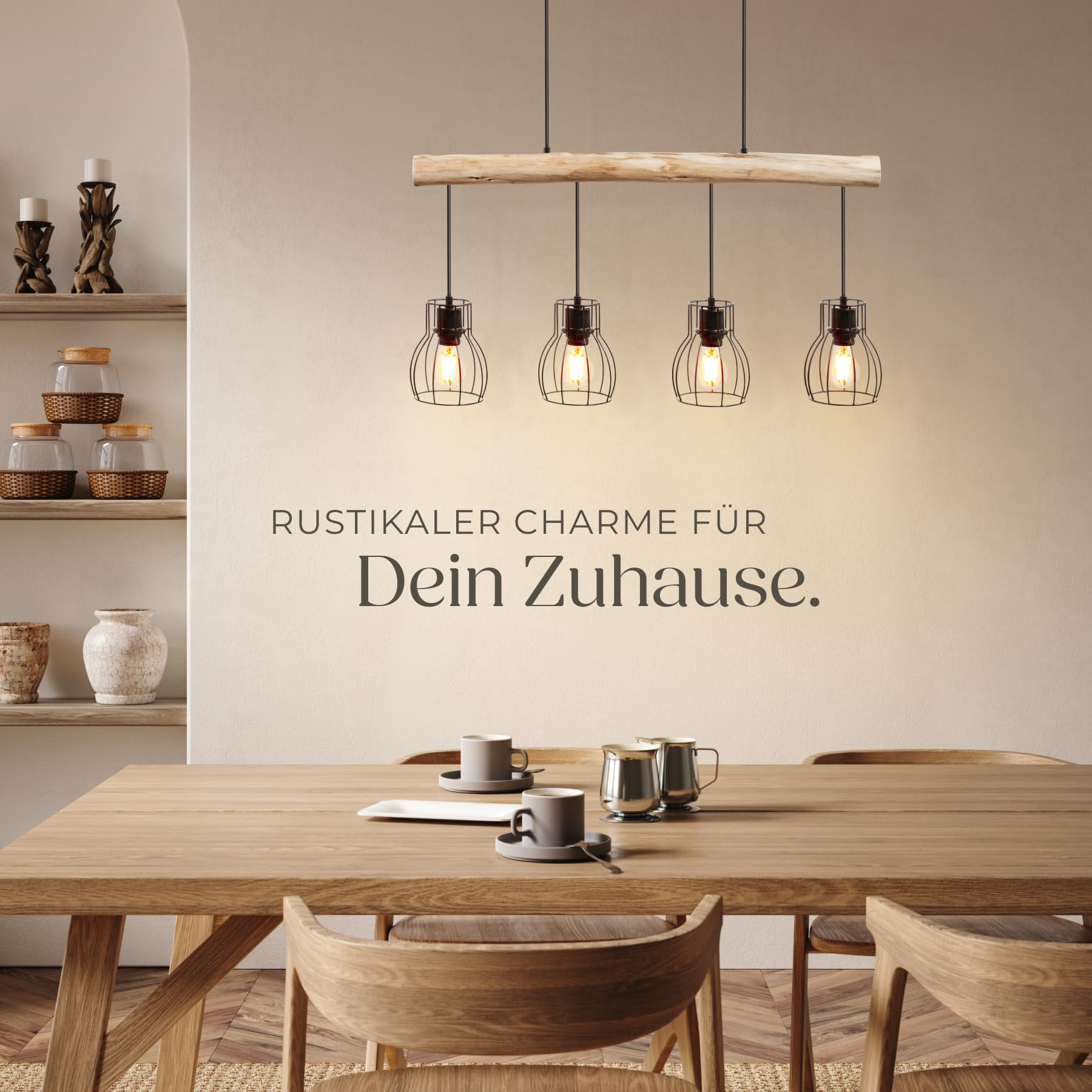 tectake® Pendelleuchte, Lampe hängend 4-flammig, Deckenlampe schwarz mit Holzbalken, Industrial Style Wohnzimmer, Esszimmer Lampe, Wohnzimmerlampe, Flurlampe, Hängelampe Esstisch 3