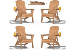 nevilywood Folding Adirondack Chair - Extended Ergonomic Backrest, Cup Holder - Easy Assembly - Durable HDPE Plastic, Weather Resistant & Maintenance-Free - Lawn, Patio, Deck Supports 400lbs Teak